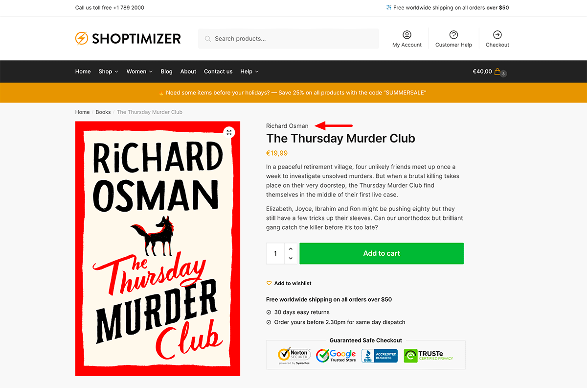 产品页面上的作者字段